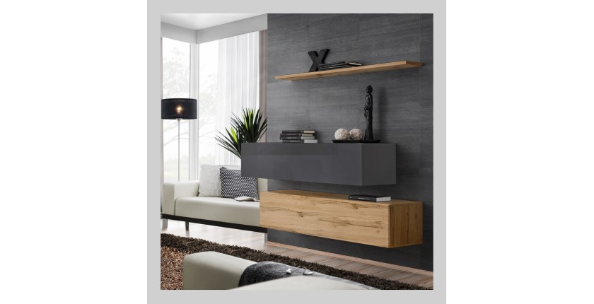 Ensemble meubles de salon SWITCH SBII design, coloris chêne Wotan et gris brillant.