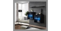 Ensemble meubles de salon SWITCH SBIII design, coloris noir brillant et porte vitrée avec système LED intégré.