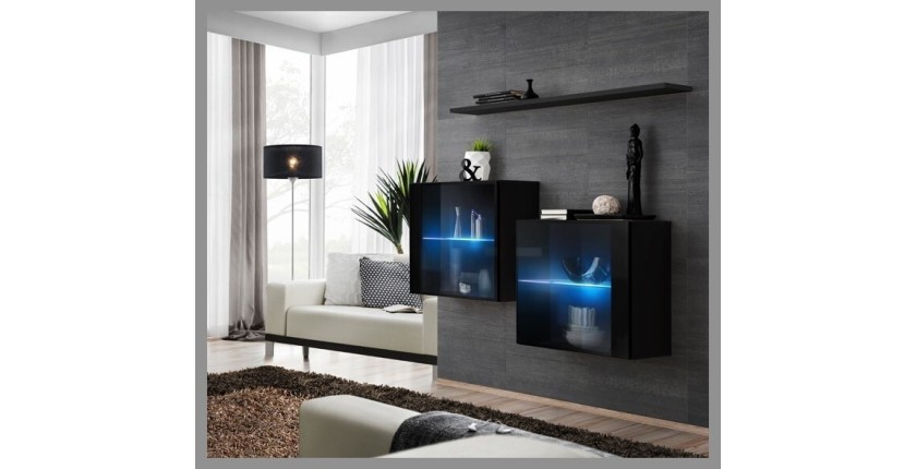 Ensemble meubles de salon SWITCH SBIII design, coloris noir brillant et porte vitrée avec système LED intégré.