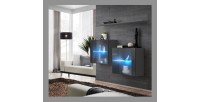 Ensemble meubles de salon SWITCH SBIII design, coloris gris brillant et porte vitrée avec système LED intégré.
