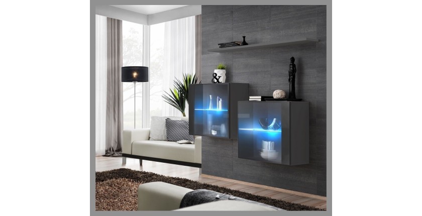 Ensemble meubles de salon SWITCH SBIII design, coloris gris brillant et porte vitrée avec système LED intégré.