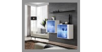 Ensemble meubles de salon SWITCH SBIII design, coloris blanc brillant et porte vitrée avec système LED intégré, étagère noire.