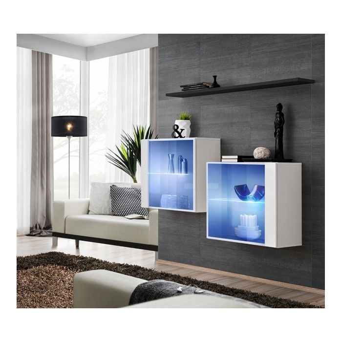 Ensemble meubles de salon SWITCH SBIII design, coloris blanc brillant et porte vitrée avec système LED intégré, étagère noire.