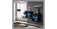 Ensemble meubles de salon SWITCH SBIII design, coloris noir brillant et porte vitrée avec système LED intégré, étagère blanche.
