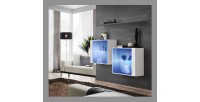 Ensemble meubles de salon SWITCH SBIII design, coloris blanc brillant et porte vitrée avec système LED intégré, étagère grise.