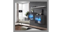 Ensemble meubles de salon SWITCH SBIII design, coloris gris brillant et porte vitrée avec système LED intégré, étagère blanche.