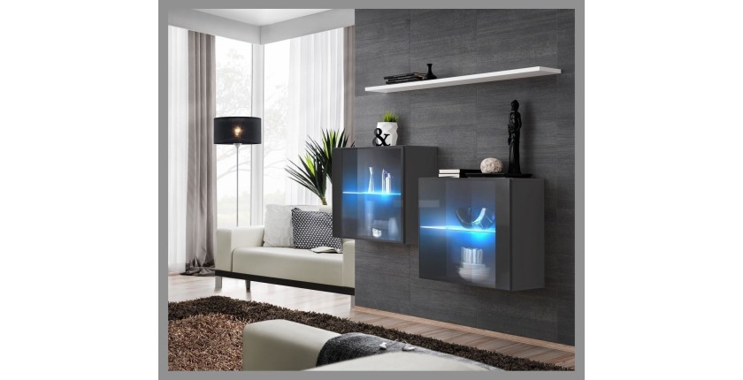 Ensemble meubles de salon SWITCH SBIII design, coloris gris brillant et porte vitrée avec système LED intégré, étagère blanche.