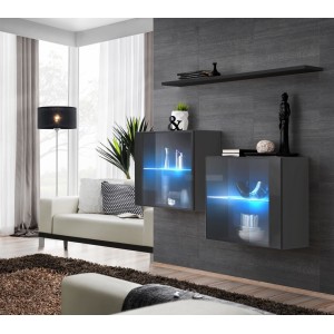 Ensemble meubles de salon SWITCH SBIII design, coloris gris brillant et porte vitrée avec système LED intégré, étagère noire.
