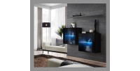 Ensemble meubles de salon SWITCH SBIII design, coloris noir brillant et porte vitrée avec système LED intégré, étagère grise.