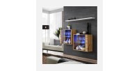 Ensemble meubles de salon SWITCH SBIII design, coloris chêne Wotan et porte vitrée avec système LED intégré, étagère blanche.