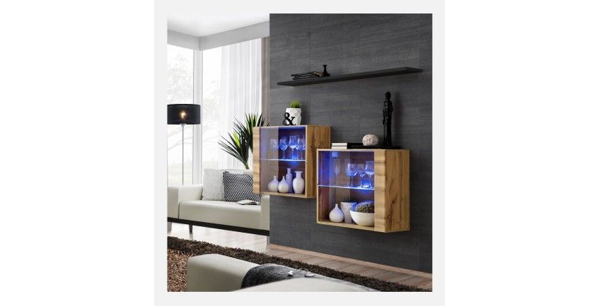 Ensemble meubles de salon SWITCH SBIII, coloris chêne Wotan et porte vitrée avec système LED intégré, étagère noire.