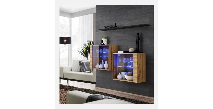 Ensemble meubles de salon SWITCH SBIII, coloris chêne Wotan et porte vitrée avec système LED intégré, étagère noire.