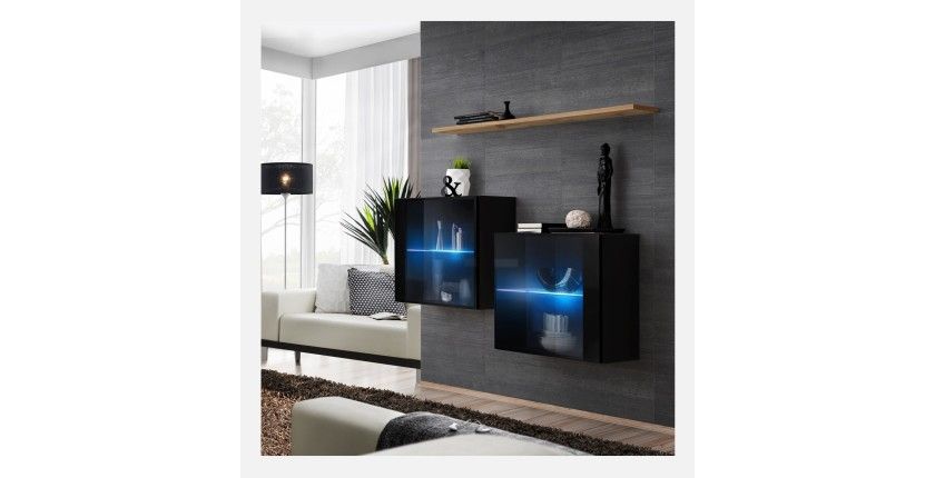 Ensemble meubles de salon SWITCH SBIII, coloris noir brillant et porte vitrée avec système LED intégré, étagère chêne Wotan.