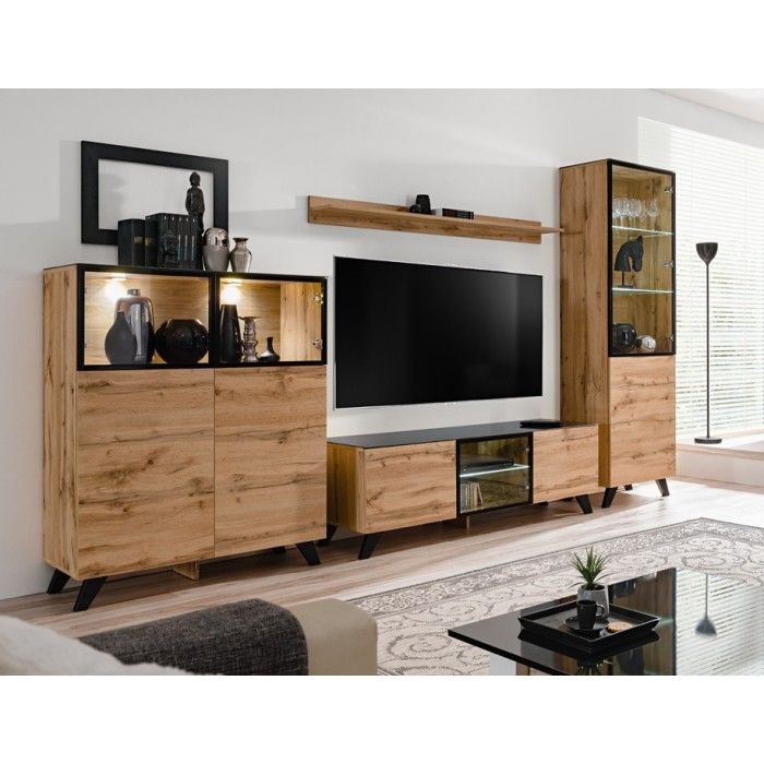 ENSEMBLE MEUBLES DE SALON TINO composé de trois meubles et d'une étagère de style industriel.