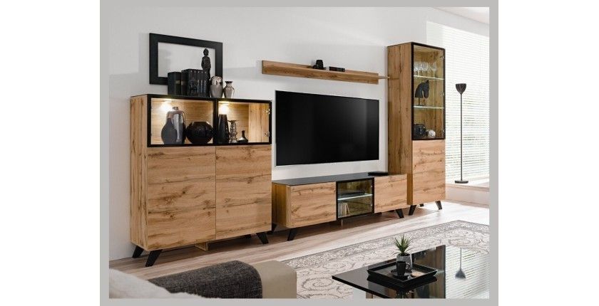 ENSEMBLE MEUBLES DE SALON TINO composé de trois meubles et d'une étagère de style industriel.