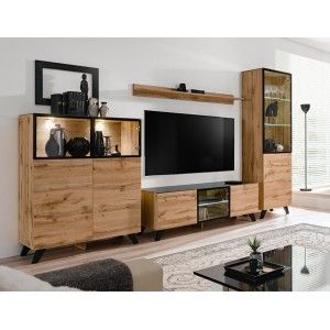 ENSEMBLE MEUBLES DE SALON TINO composé de trois meubles et d'une étagère de style industriel.