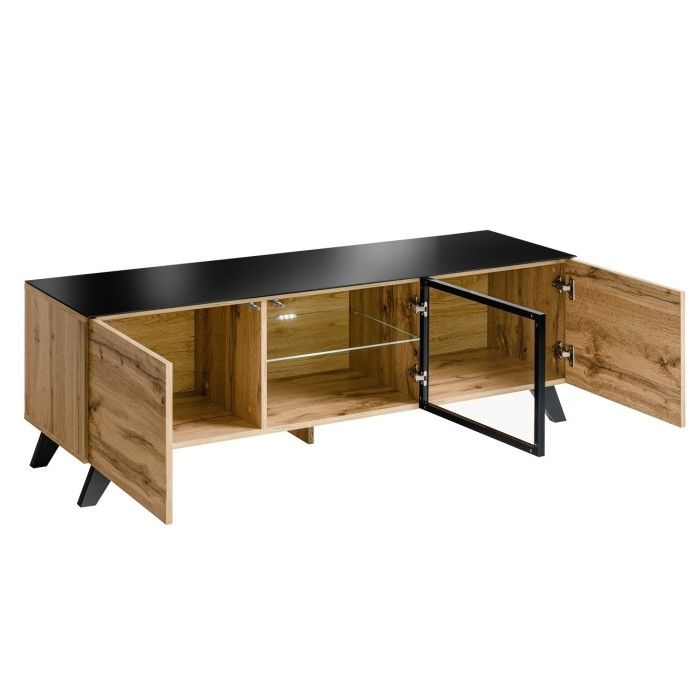 ENSEMBLE MEUBLES DE SALON TINO composé de trois meubles et d'une étagère de style industriel.