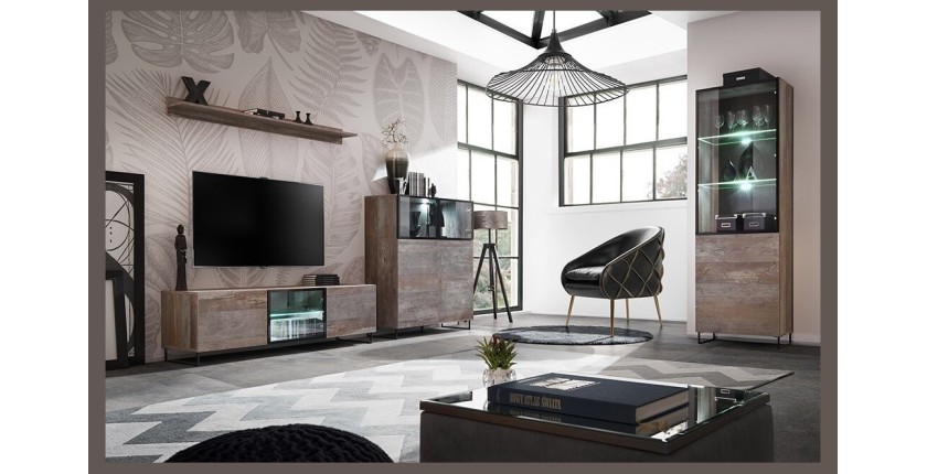 ENSEMBLE MEUBLES DE SALON KAN composé de trois meubles et d'une étagère de style industriel.