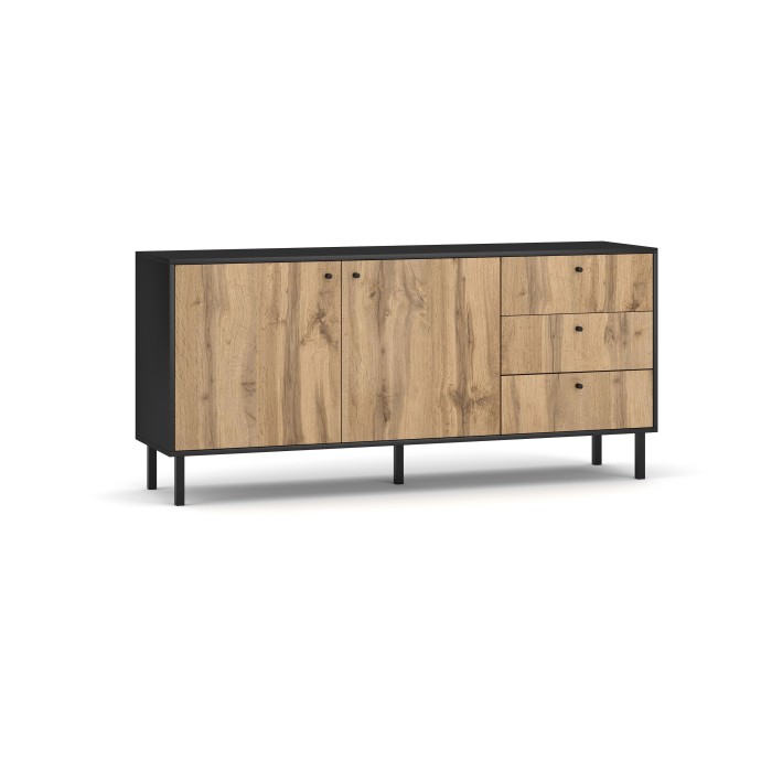 Buffet, enfilade, bahut industriel SPEBO, 164 cm, 3 tiroirs et 2 portes, coloris noir mat et chêne wotan