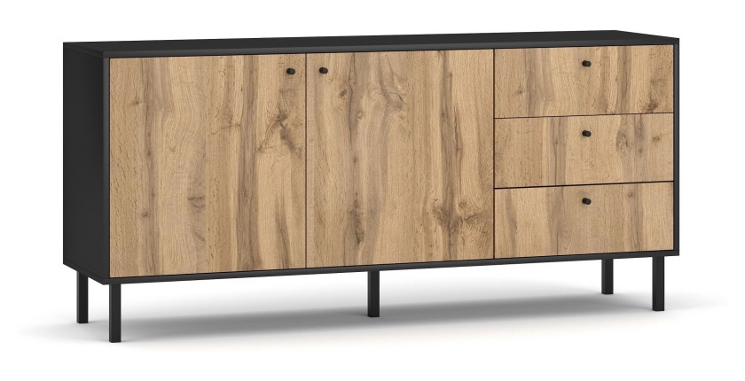 Buffet, enfilade, bahut industriel SPEBO, 164 cm, 3 tiroirs et 2 portes, coloris noir mat et chêne wotan
