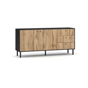 Buffet, enfilade, bahut industriel SPEBO, 164 cm, 3 tiroirs et 2 portes, coloris noir mat et chêne wotan