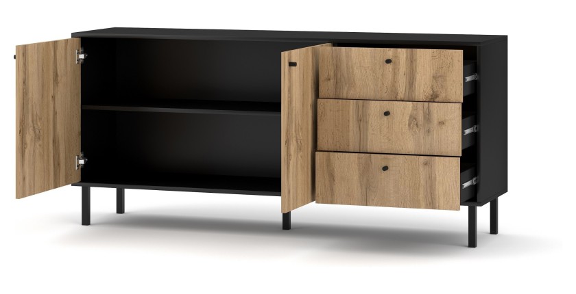 Buffet, enfilade, bahut industriel SPEBO, 164 cm, 3 tiroirs et 2 portes, coloris noir mat et chêne wotan