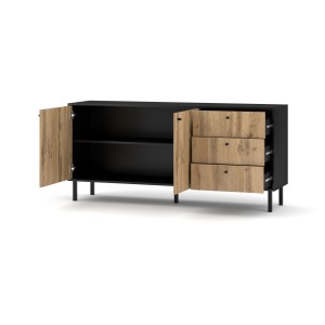 Buffet, enfilade, bahut industriel SPEBO, 164 cm, 3 tiroirs et 2 portes, coloris noir mat et chêne wotan