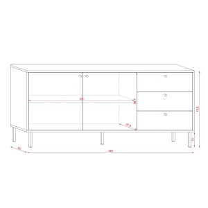 Buffet, enfilade, bahut industriel SPEBO, 164 cm, 3 tiroirs et 2 portes, coloris noir mat et chêne wotan