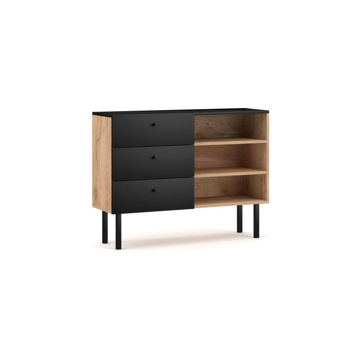 Commode moderne RULIA, 100cm, 3 tiroirs et 3 niches, coloris chêne et noir mat