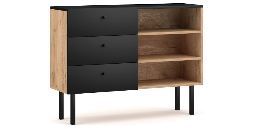 Commode moderne RULIA, 100cm, 3 tiroirs et 3 niches, coloris chêne et noir mat
