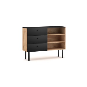 Commode moderne RULIA, 100cm, 3 tiroirs et 3 niches, coloris chêne et noir mat