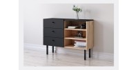 Commode moderne RULIA, 100cm, 3 tiroirs et 3 niches, coloris chêne et noir mat