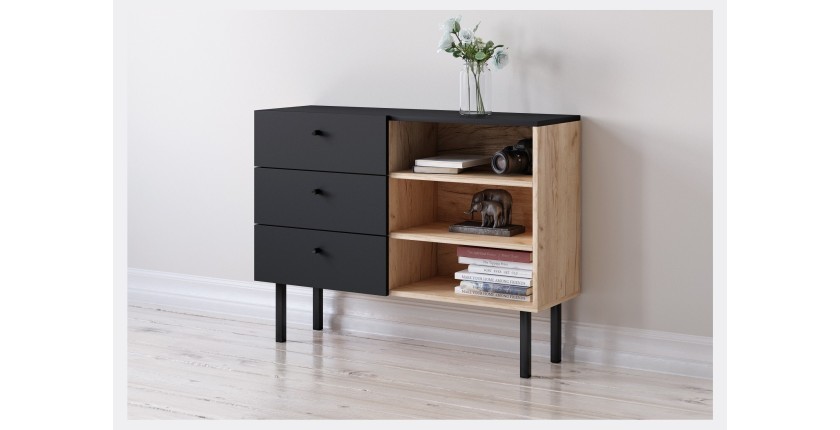 Commode moderne RULIA, 100cm, 3 tiroirs et 3 niches, coloris chêne et noir mat