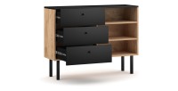 Commode moderne RULIA, 100cm, 3 tiroirs et 3 niches, coloris chêne et noir mat