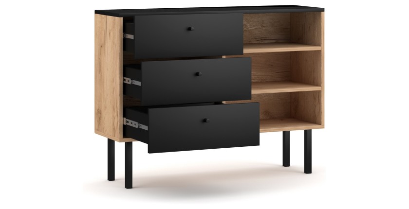 Commode moderne RULIA, 100cm, 3 tiroirs et 3 niches, coloris chêne et noir mat