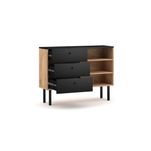 Commode moderne RULIA, 100cm, 3 tiroirs et 3 niches, coloris chêne et noir mat