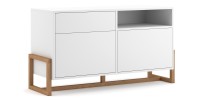 Commode design GEILO, 140 cm, 1 tiroir et 2 portes, coloris blanc mat et hêtre
