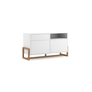 Commode design GEILO, 140 cm, 1 tiroir et 2 portes, coloris blanc mat et hêtre