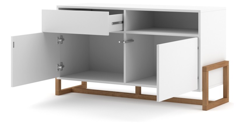 Commode design GEILO, 140 cm, 1 tiroir et 2 portes, coloris blanc mat et hêtre