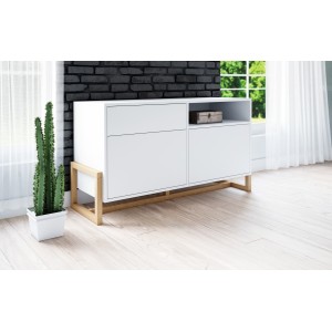 Commode design GEILO, 140 cm, 1 tiroir et 2 portes, coloris blanc mat et hêtre
