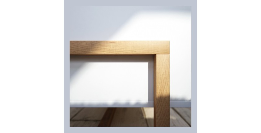 Commode design GEILO, 140 cm, 1 tiroir et 2 portes, coloris blanc mat et hêtre