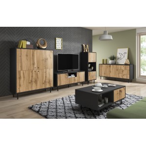 Vaisselier industriel SPEBO 2 tiroirs, 2 portes et 1 niche, coloris noir mat et chêne wotan