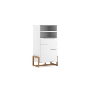Vaisselier design GEILO 2 tiroirs, 1 porte et 2 niches, coloris blanc mat et hêtre