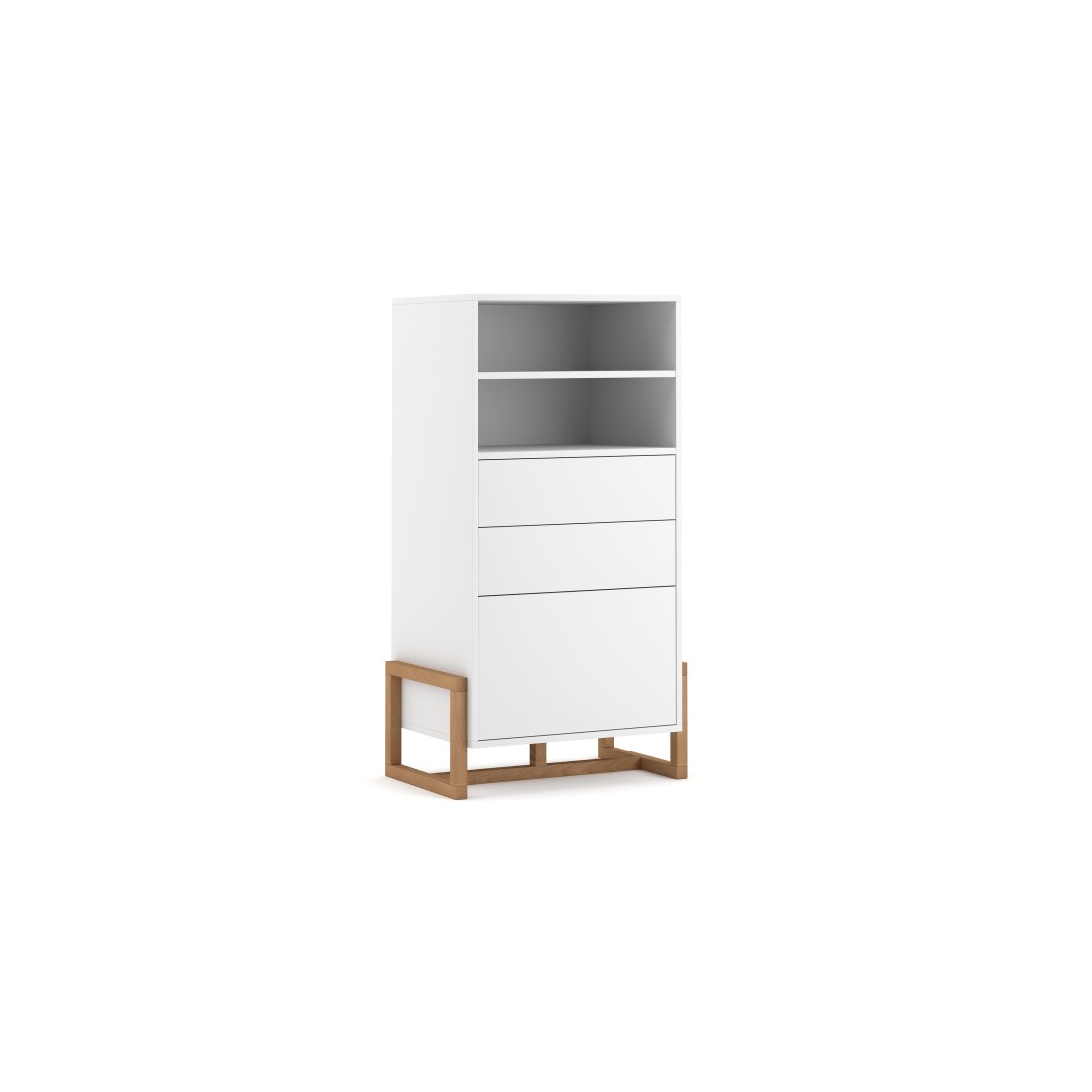 Vaisselier design GEILO 2 tiroirs, 1 porte et 2 niches, coloris blanc mat et hêtre