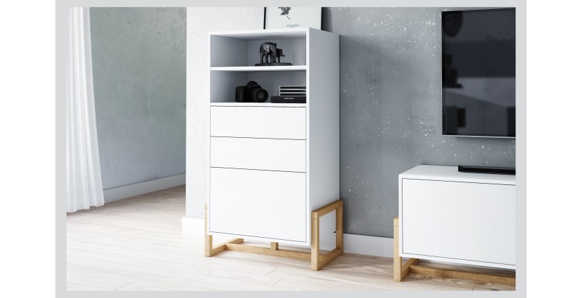 Vaisselier design GEILO 2 tiroirs, 1 porte et 2 niches, coloris blanc mat et hêtre