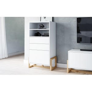 Vaisselier design GEILO 2 tiroirs, 1 porte et 2 niches, coloris blanc mat et hêtre