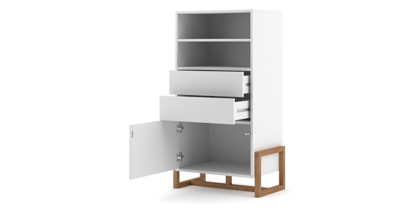 Vaisselier design GEILO 2 tiroirs, 1 porte et 2 niches, coloris blanc mat et hêtre
