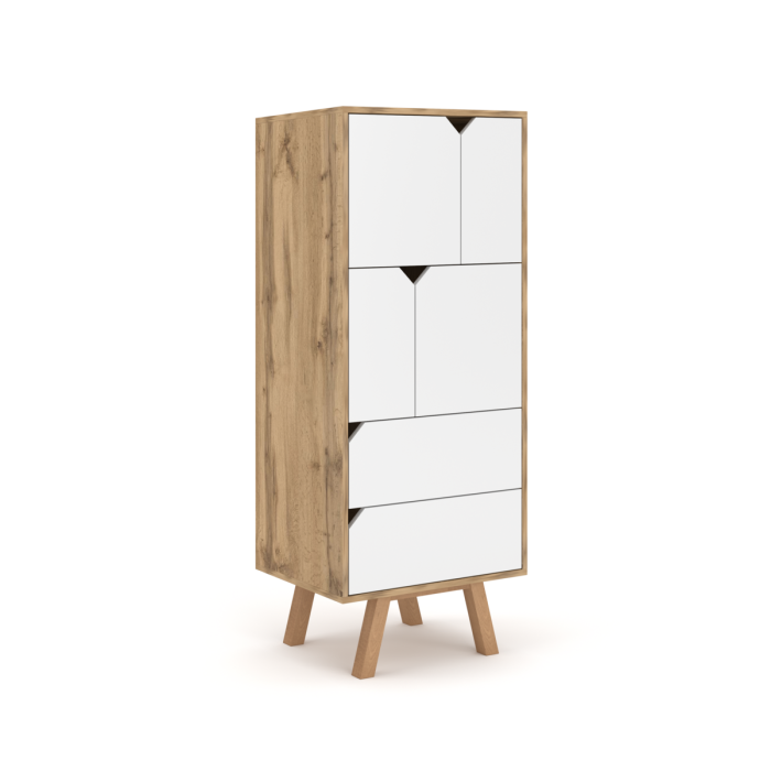 Vaisselier design AOMORI 2 tiroirs, 4 portes, coloris hêtre et blanc mat