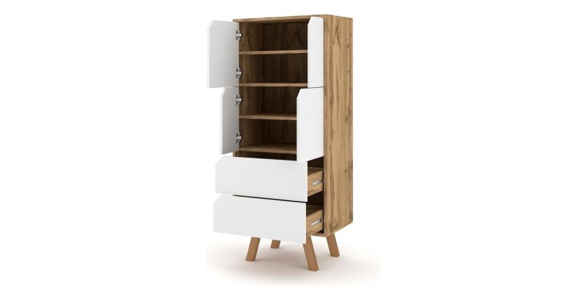 Vaisselier design AOMORI 2 tiroirs, 4 portes, coloris hêtre et blanc mat