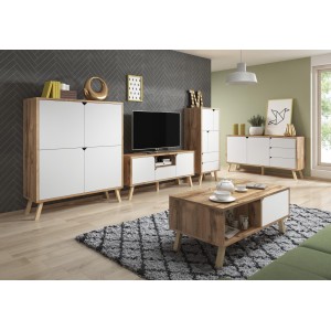 Vaisselier design AOMORI 2 tiroirs, 4 portes, coloris hêtre et blanc mat